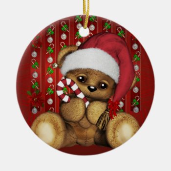 Santa Teddy Bear With Candy Cane Ceramic Ornament by santasgrotto at Zazzle