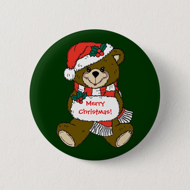 Santa Teddy Bear with Hat and Muff Button (Front)