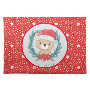 Santa Teddy Red and White Stars Merry Christmas Cloth Placemat