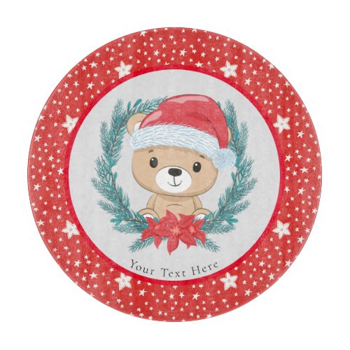 Santa Teddy Red and White Stars Merry Christmas  Cutting Board