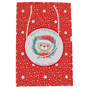 Santa Teddy Red and White Stars Merry Christmas  Medium Gift Bag