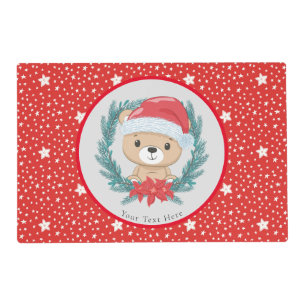 Santa Teddy Red and White Stars Merry Christmas Placemat