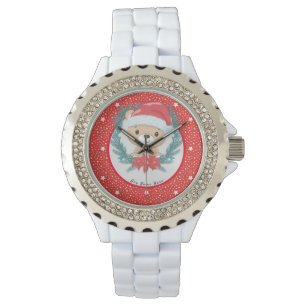 Santa Teddy Red and White Stars Merry Christmas Watch