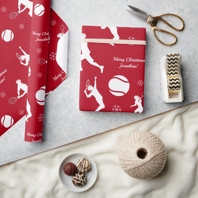 Santa Tennis Player Ball Pattern Red Xmas Kid Name Wrapping Paper (Crafts)