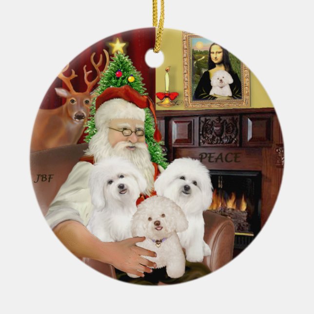 Santa - Three Bichon Frise Ceramic Ornament (Front)