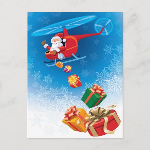 Santa Throwing Gifts from Helicopter Funny Holiday Postcard