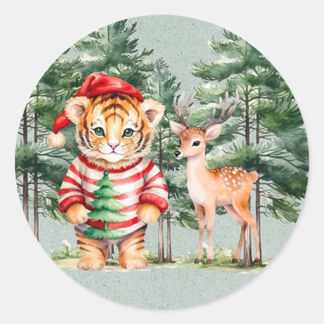 Santa Tiger and a Deer Pine Tree Christmas  Classic Round Sticker (Front)