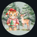 Santa Tiger and a Deer Pine Tree Christmas  Classic Round Sticker<br><div class="desc">I hope you like this green watercolor kraft paper texture with a cute Christmas tiger and a deer in the forest. Matching products are available in this collection suite. Just in time for Christmas!</div>