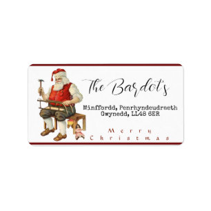 Santa Toy-Making Merry Christmas Script Vintage Label