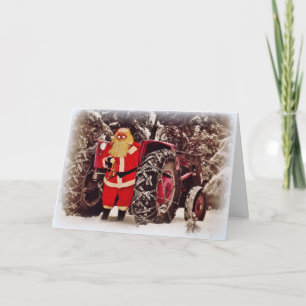 Santa Tractor Sleigh Christmas Greeting Card