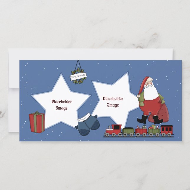 Santa, train, gift and Christmas wreath Holiday Card (Front)