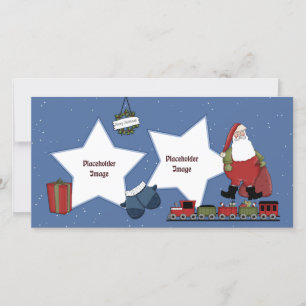 Santa, train, gift and Christmas wreath Holiday Card
