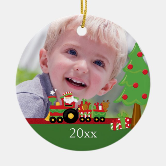 Santa train personalized christmas photo ornament (Front)