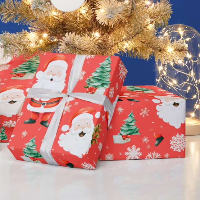 Santa Trees Snowflakes Red Christmas Wrapping Paper (Holidays)