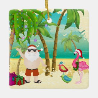 Santa, Tropical Birds, Palm Trees Beach Christmas Ceramic Ornament