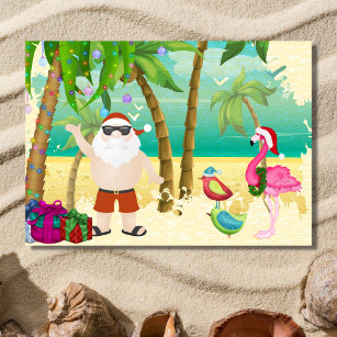 Santa, Tropical Birds, Palm Trees Beach Christmas Holiday Card
