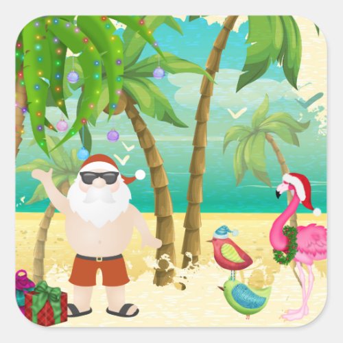 Santa Tropical Birds Palm Trees Beach Christmas Square Sticker