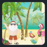 Santa, Tropical Birds, Palm Trees Beach Christmas Square Sticker<br><div class="desc">This Christmas holiday postage stamp design features cute and colorful tropical birds wearing Santa hats. They are walking on the beach beneath to meet Santa under a palm tree decorated with ornaments and lights.
Some graphics by artwork&@delightful-doodles.com and slslines.etsy.com *</div>