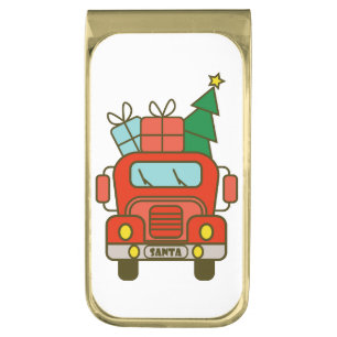 Santa truck front view Merry Christmas Gold Finish Money Clip