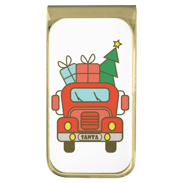 Santa truck front view Merry Christmas Gold Finish Money Clip (Front Vertical)