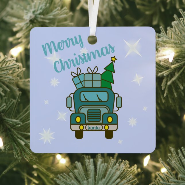 Santa truck front view Merry Christmas Metal Ornament (Insitu)