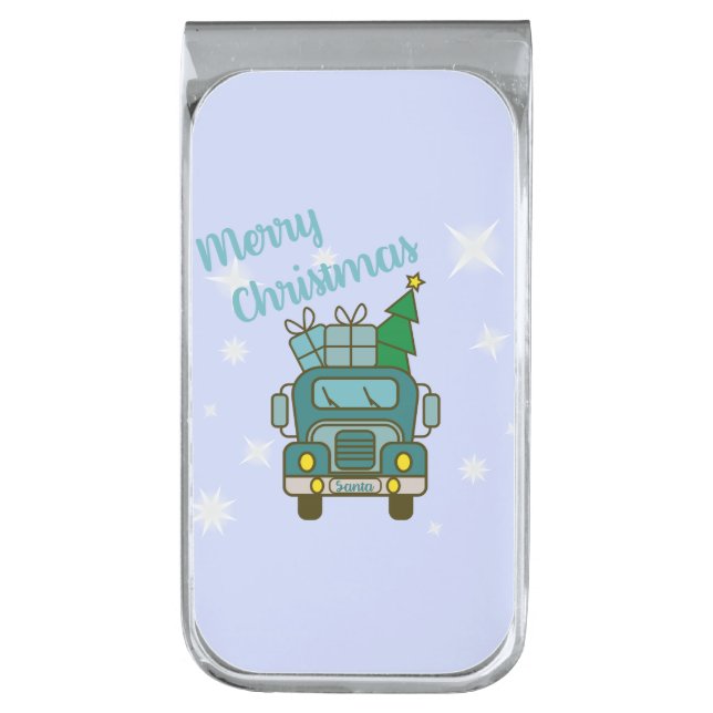 Santa truck front view Merry Christmas Silver Finish Money Clip (Front Vertical)