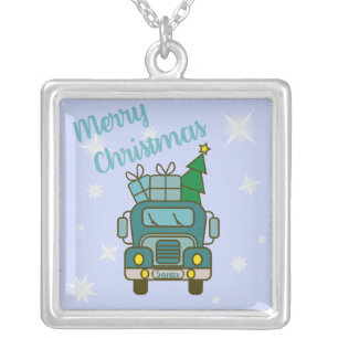 Santa truck front view Merry Christmas Silver Plated Necklace