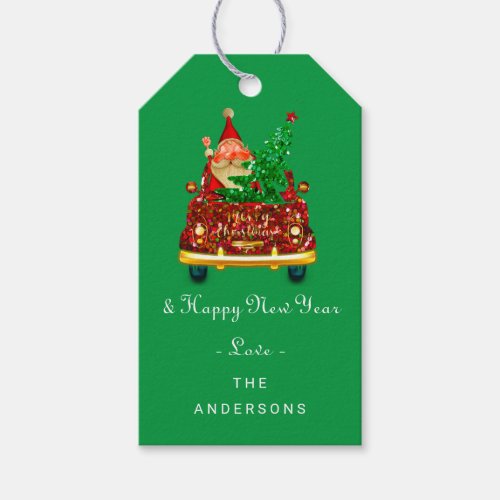 Santa Truck Gold Merry Christmas Tree Green Gift Tags