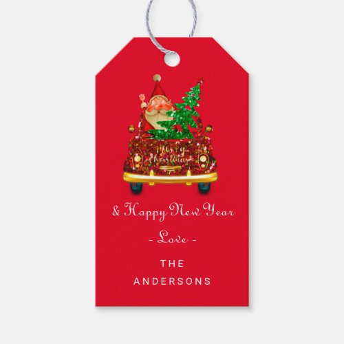 Santa Truck Gold Merry Christmas Tree Red Gift Tags