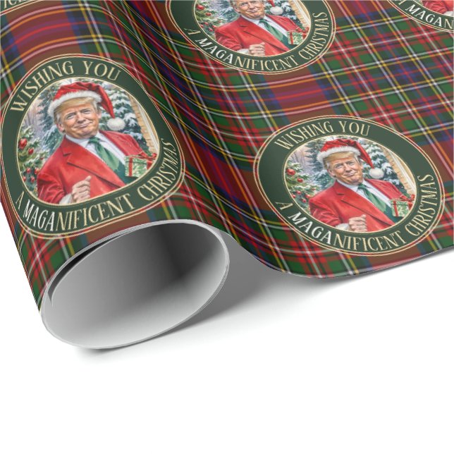 Santa Trump MAGA Christmas Tartan Plaid Wrapping Paper (Roll Corner)