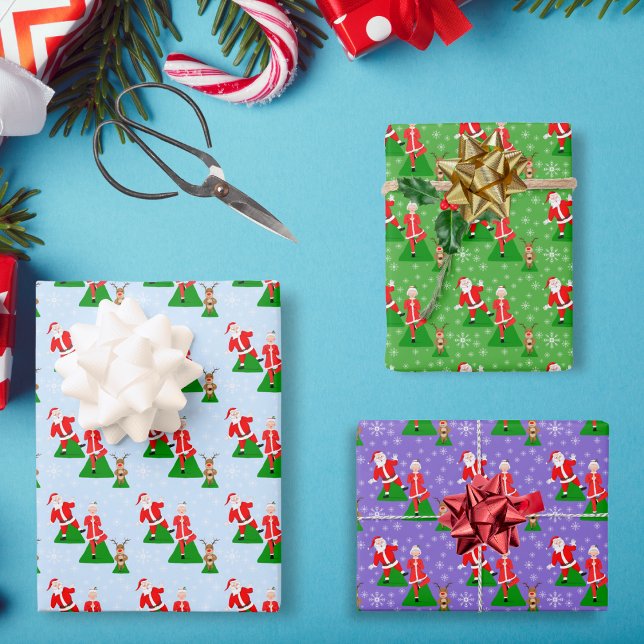 Santa Trying To Do Yoga With Mrs. Claus Pattern Wrapping Paper Sheets (Three colorful backgrounds on this Yoga Pattern Christmas design.)