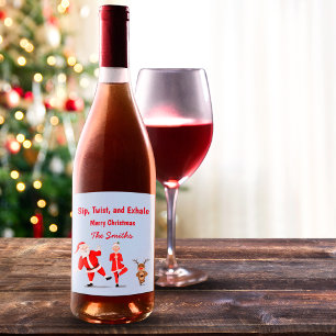 Santa Trying To Do Yoga With Mrs. Claus & Reindeer Wine Label