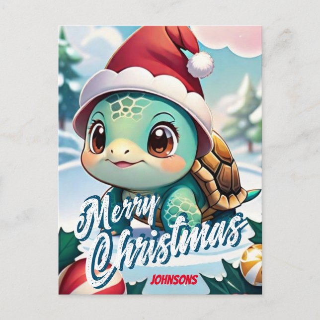 Santa Turtle Merry Christmas Name Greeting Postcard (Front)