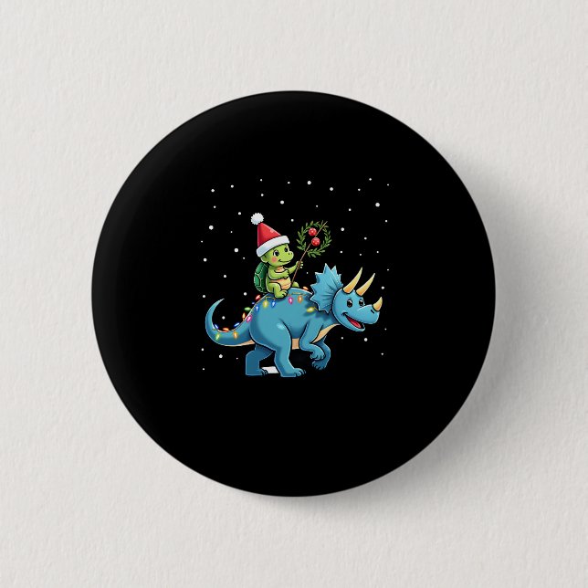 Santa Turtle Riding T-Rex Reindeer Christmas Light Button (Front)