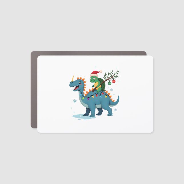 Santa Turtle Riding T-Rex Reindeer Christmas Light Car Magnet (Front)