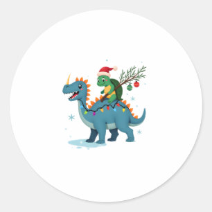 Santa Turtle Riding T-Rex Reindeer Christmas Light Classic Round Sticker