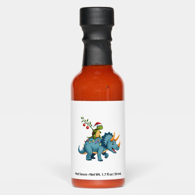 Santa Turtle Riding T-Rex Reindeer Christmas Light Hot Sauces (Front)