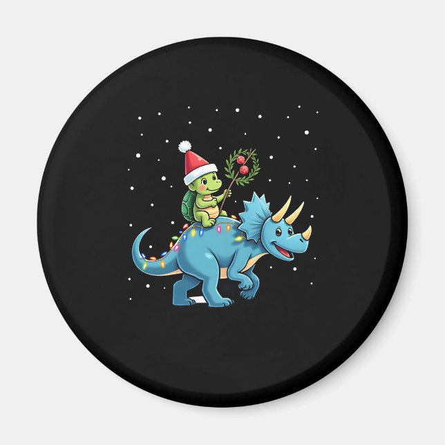 Santa Turtle Riding T-Rex Reindeer Christmas Light Magnet (Front)