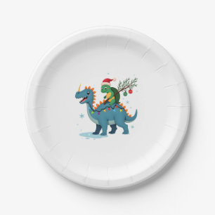 Santa Turtle Riding T-Rex Reindeer Christmas Light Paper Plates