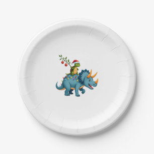 Santa Turtle Riding T-Rex Reindeer Christmas Light Paper Plates