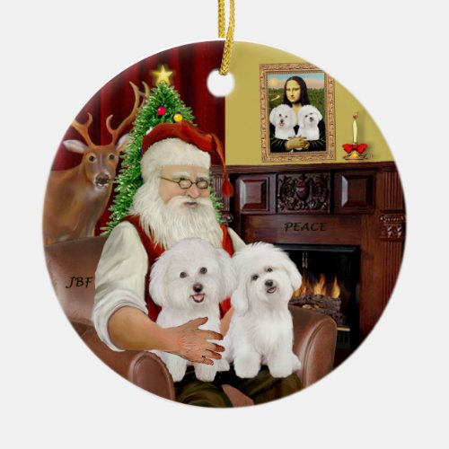 Santa _ Two Bichon Frise Ceramic Ornament