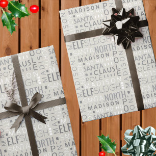Santa Typography Chic Gray Cute Add Childs Name Wrapping Paper