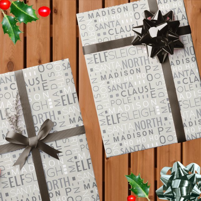 Santa Typography Chic Gray Cute Add Childs Name Wrapping Paper (Add your child's name to this chic gray Christmas wrapping paper with a Santa typography design)