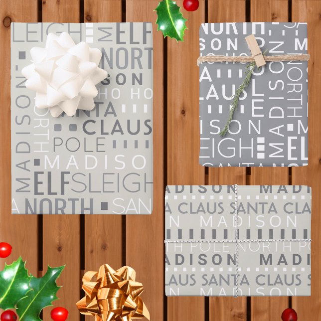 Santa Typography Chic Gray Kids Name Christmas Wrapping Paper Sheets (Add your child's name to this chic gray Santa typography personalized Christmas wrapping paper)