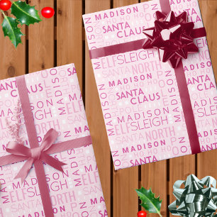 Santa Typography Chic Pink Cute Add Childs Name Wrapping Paper
