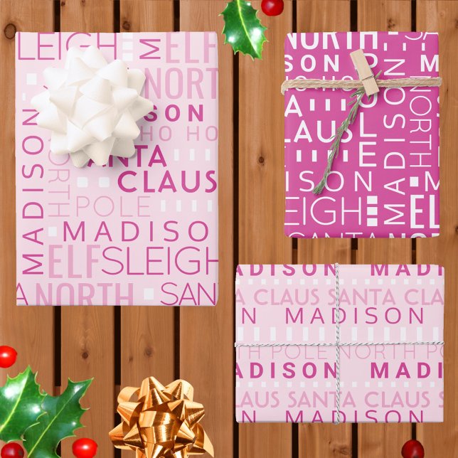 Santa Typography Chic Pink Kids Name Christmas Wrapping Paper Sheets (Add your child's name to this cute pink Santa typography personalized Christmas wrapping paper)
