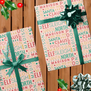 Santa Typography Red Green Cute Add Childs Name Wrapping Paper