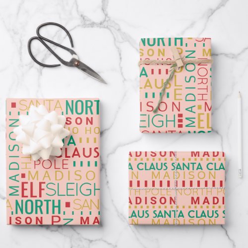 Santa Typography Red Green Kids Name Christmas Wrapping Paper Sheets