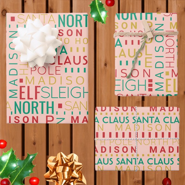 Santa Typography Red Green Kids Name Christmas Wrapping Paper Sheets (Kids love seeing their names printed on Christmas wrapping paper & this design is easy to customize)