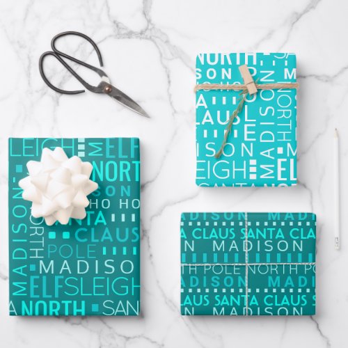 Santa Typography Teal Blue Kids Name Christmas Wrapping Paper Sheets